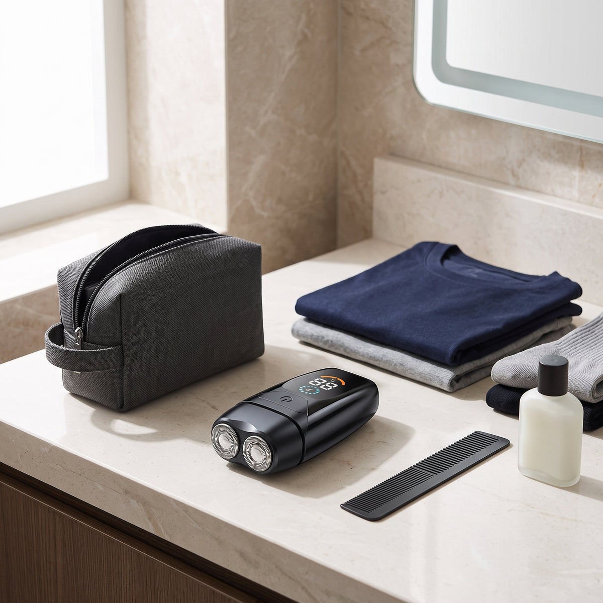 Dual-Head Rotary Electric Travel Shaver with Digital Display