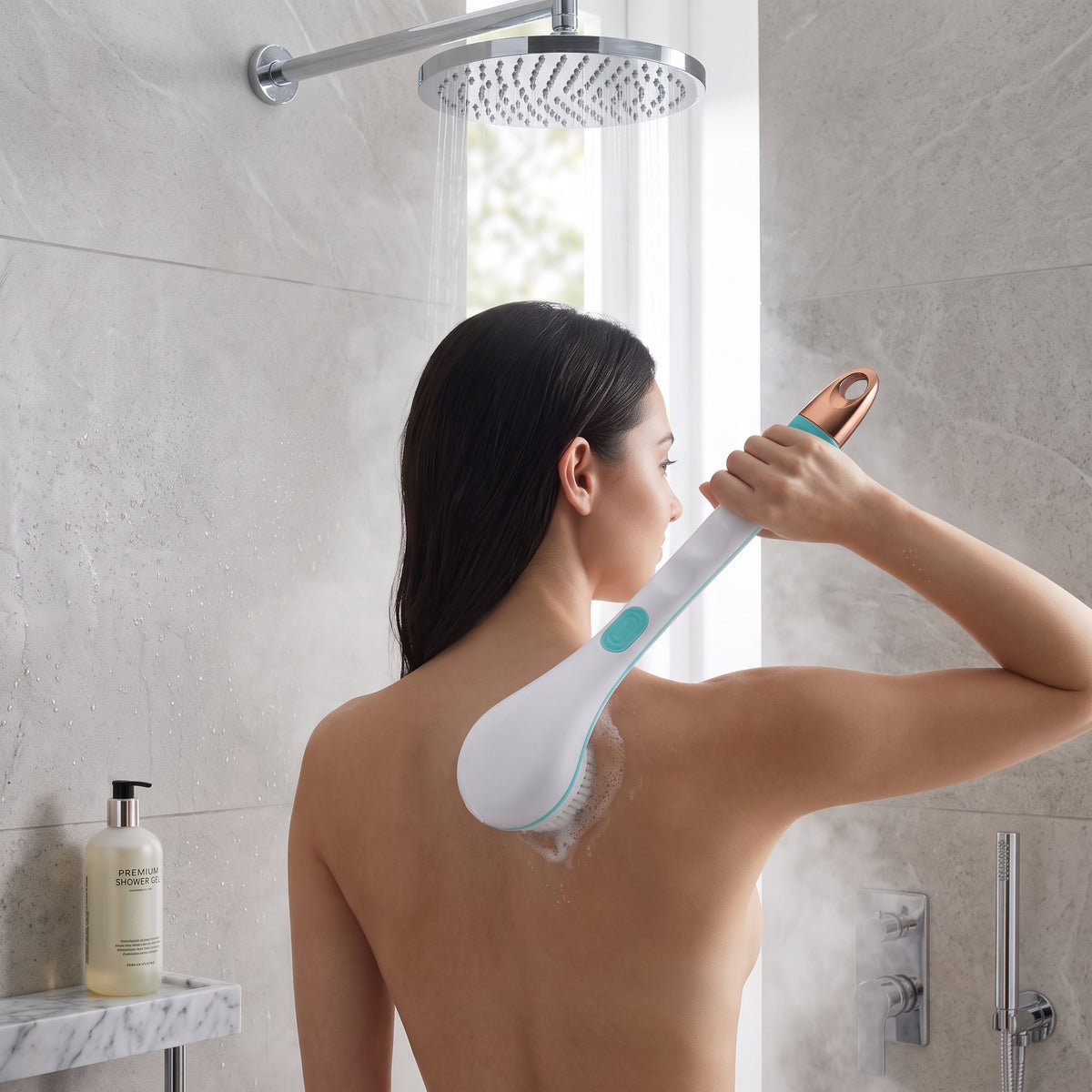 Electric Long-Handle Rotating Body Bath Brush with 4 Interchangeable Heads