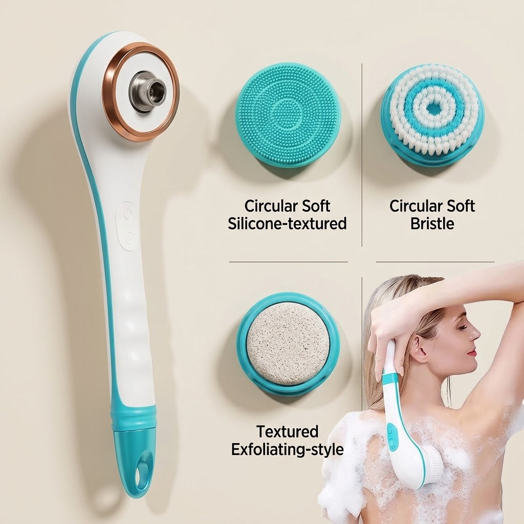 Electric Long-Handle Rotating Body Bath Brush with 4 Interchangeable Heads