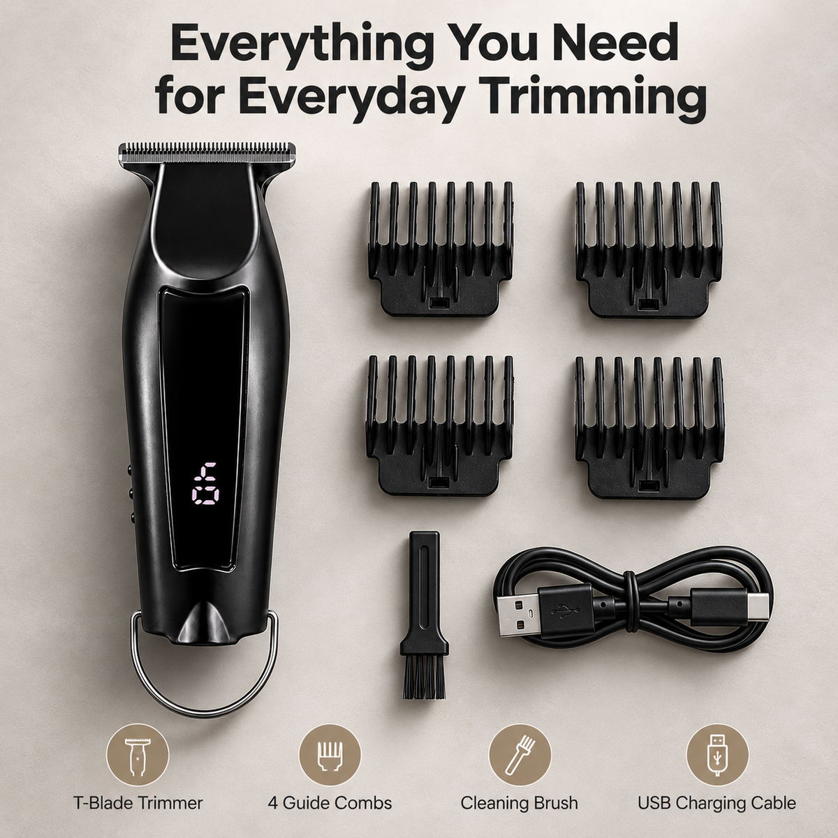 Mini T-Blade Hair Trimmer with LED Display & 4 Guide Combs