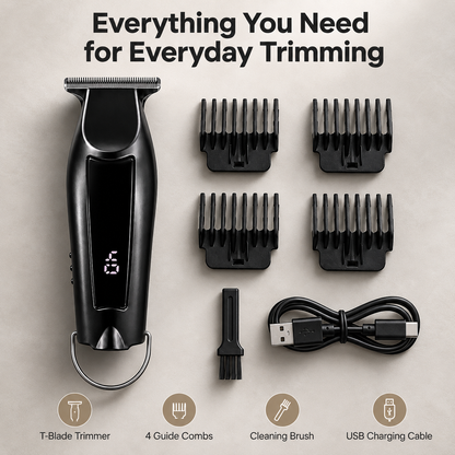 Mini T-Blade Hair Trimmer with LED Display & 4 Guide Combs