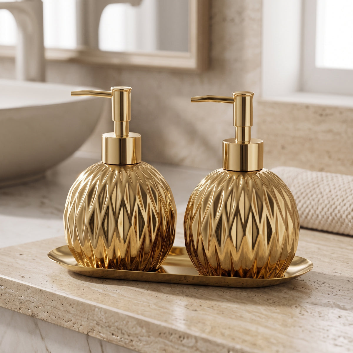 Faceted Ceramic Soap Dispenser Set with Matching Countertop Tray