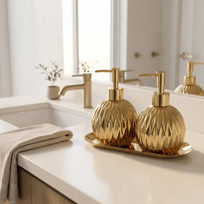 Faceted Ceramic Soap Dispenser Set with Matching Countertop Tray