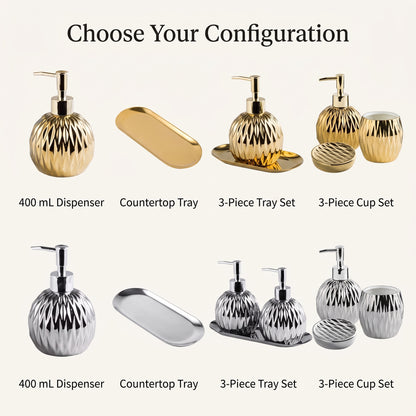 Faceted Ceramic Soap Dispenser Set with Matching Countertop Tray