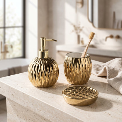 Faceted Ceramic Soap Dispenser Set with Matching Countertop Tray