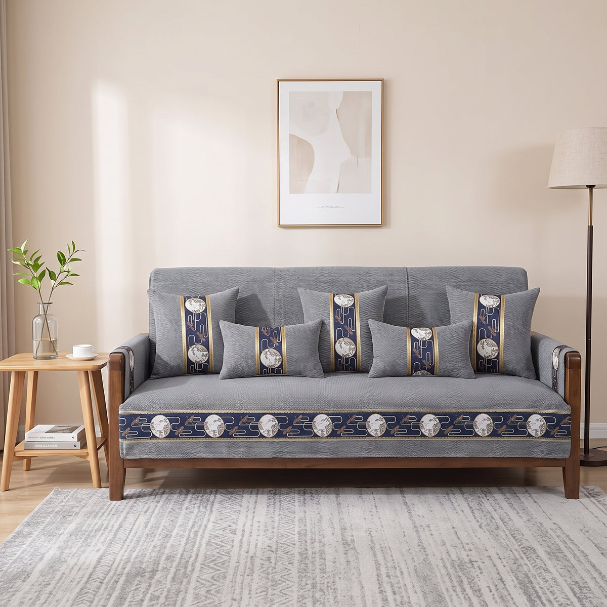 Chenille Non-Slip Modular Sofa Cover with Decorative Woven Border