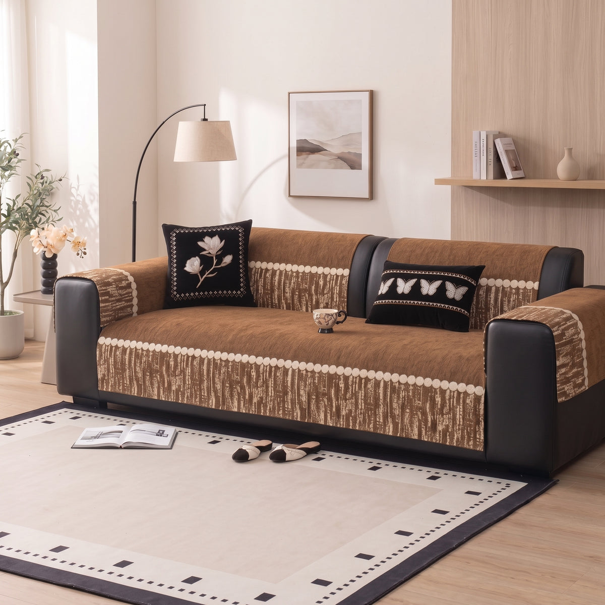 Quilted Non-Slip Modular Sofa Cushion Cover with Woven Border