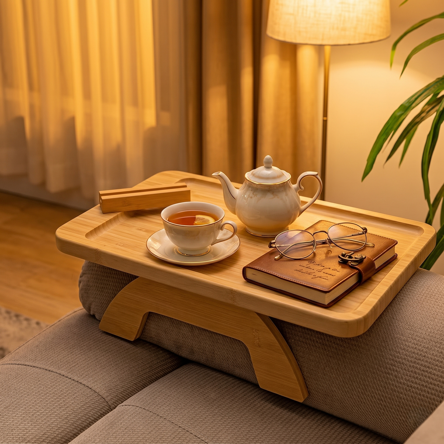 Bamboo Couch Arm Tray Table With Rotating Phone Holder