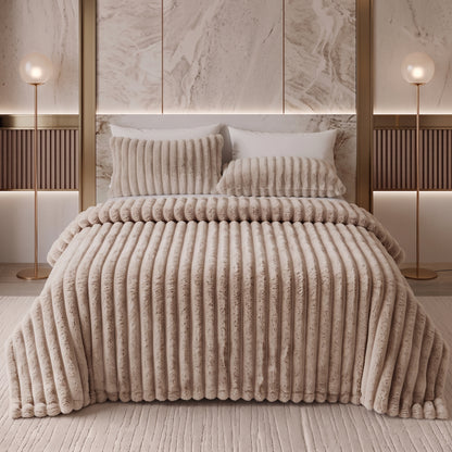 Wide-Ribbed Faux Rabbit Plush Blanket for Sofa & Bed
