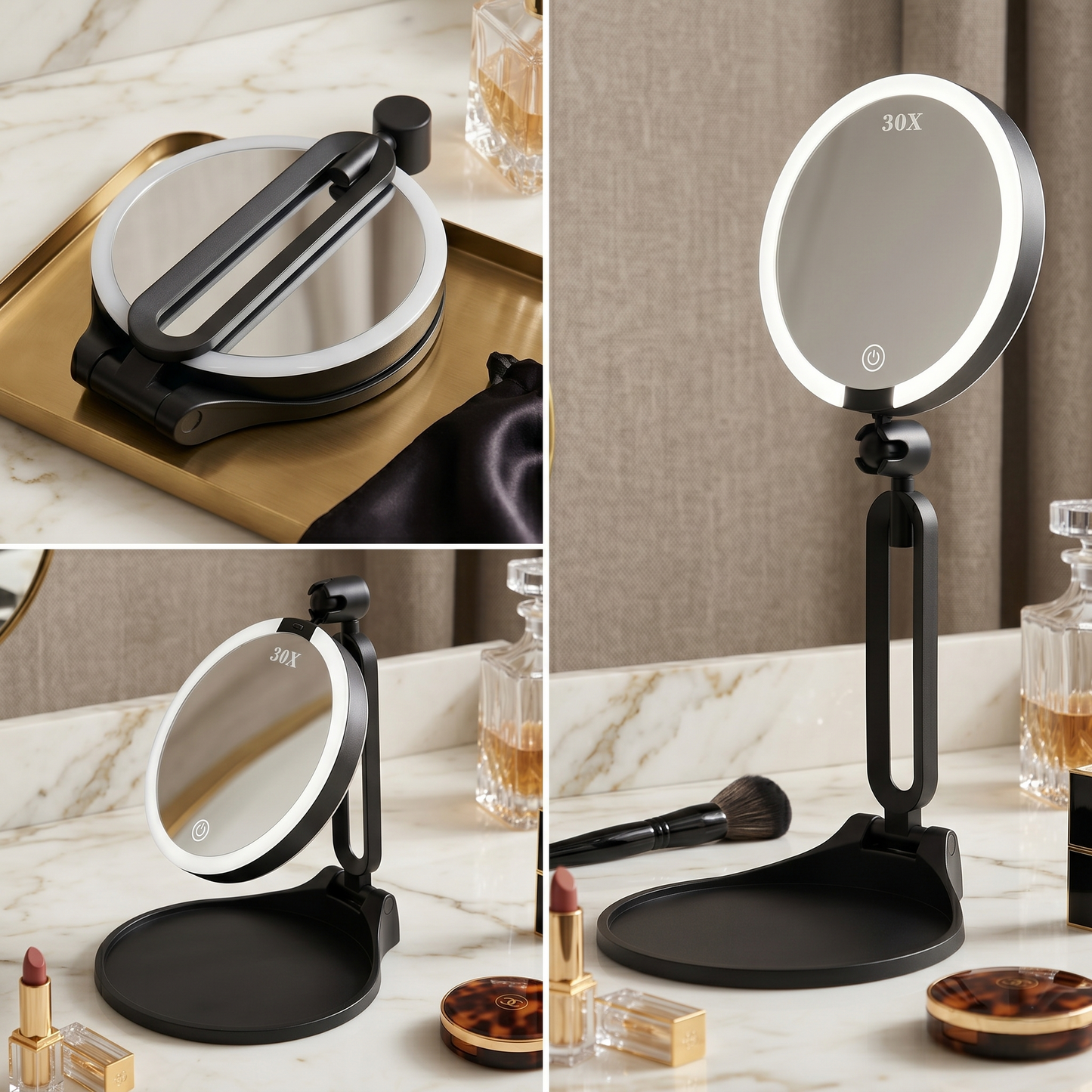 Kovelli™ LED Makeup Mirror with Lights & 30X Magnification – Rechargeable Portable Vanity Mirror