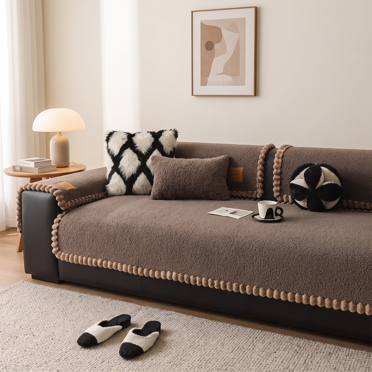 One-Piece Anti-Slip Sofa Cover with Textured Pom-Pom Trim