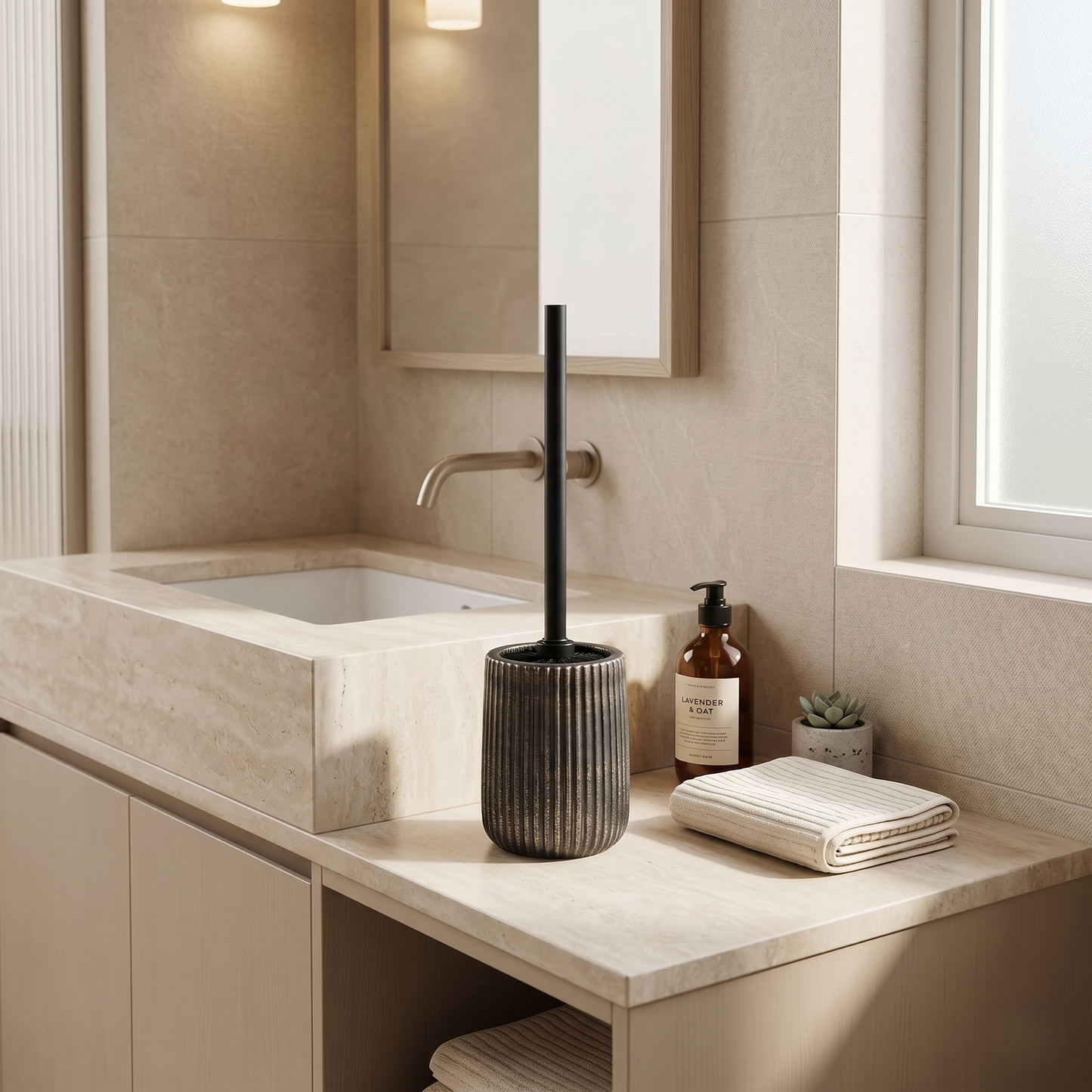 Ceramic Toilet Brush Holder Set With Modern Ribbed Design