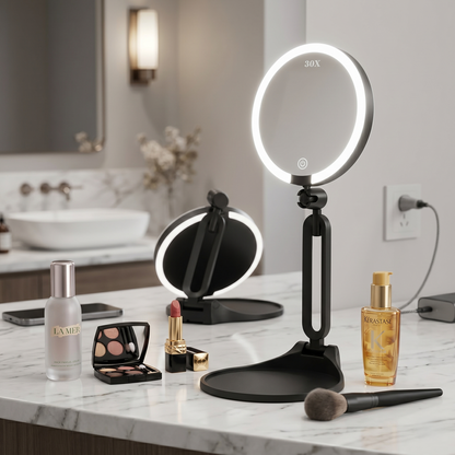 Kovelli™ LED Makeup Mirror with Lights & 30X Magnification – Rechargeable Portable Vanity Mirror