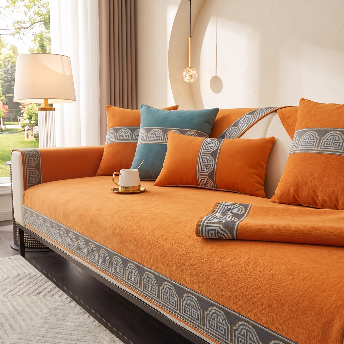 Chenille Sofa Cover with Anti-Slip Backing & Decorative Border