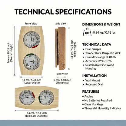 Wood Sauna Thermometer and Hygrometer Wall Mount Gauge