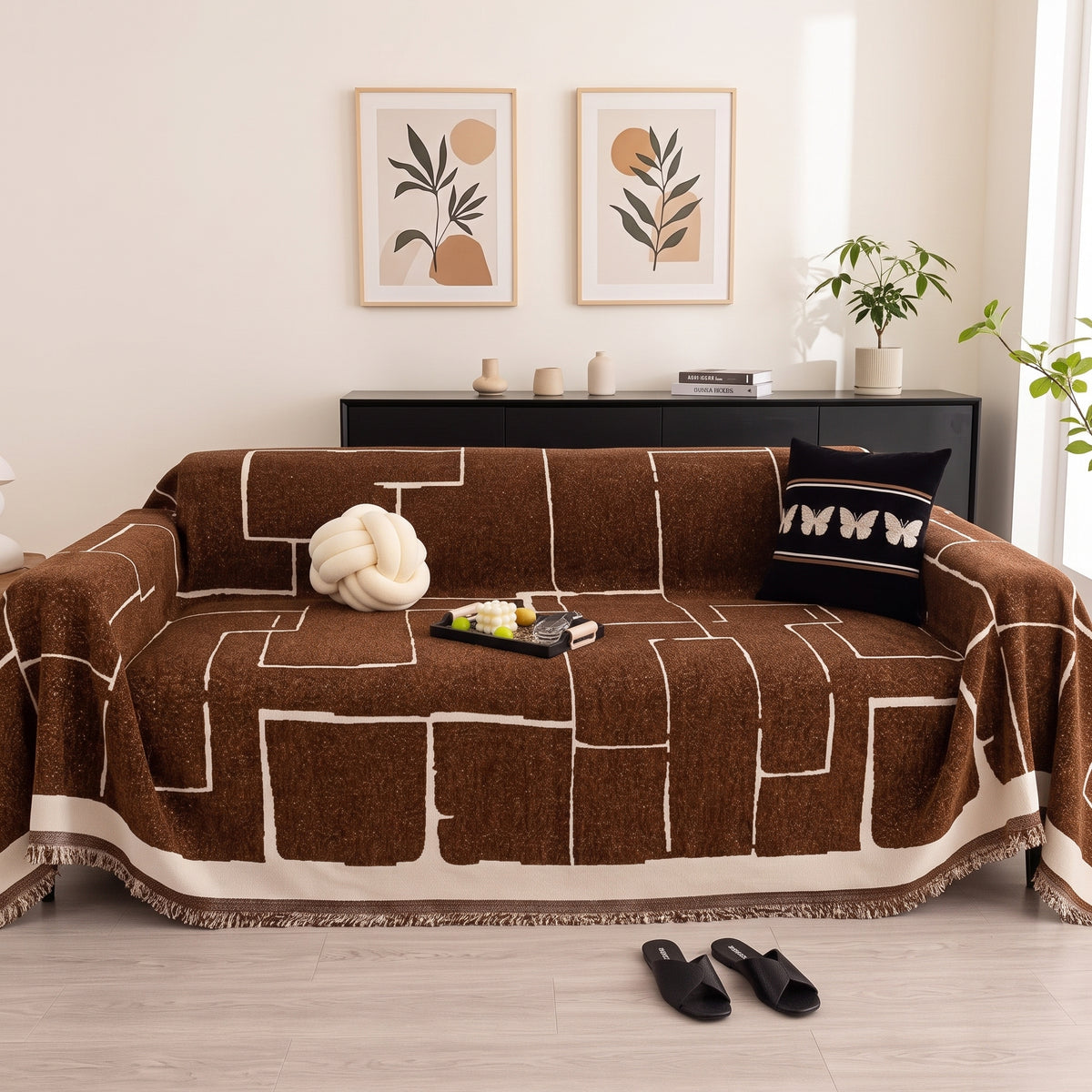 One-Piece Geometric Chenille Sofa Throw Cover with Fringed Edge