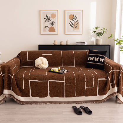 One-Piece Geometric Chenille Sofa Throw Cover with Fringed Edge