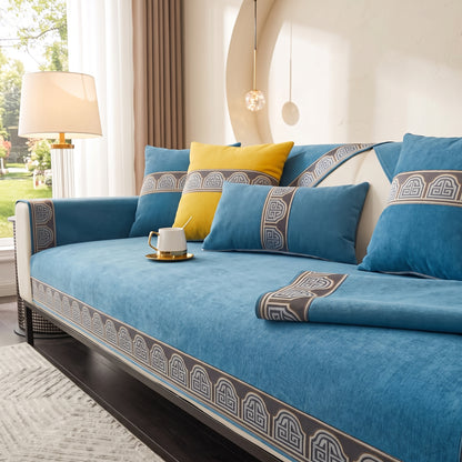 Chenille Sofa Cover with Anti-Slip Backing & Decorative Border
