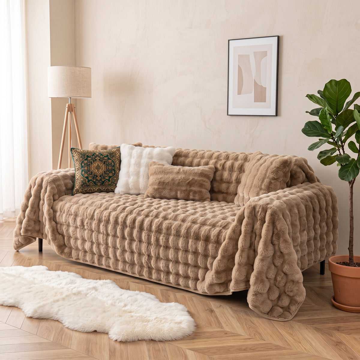500 GSM Faux Rabbit Plush Sofa Cover Throw Blanket