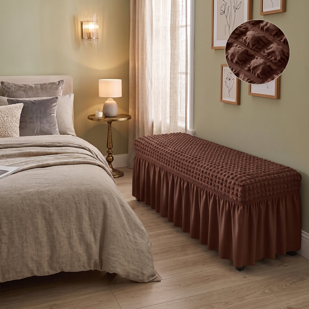 Stretch Textured Bench Cover with Ruffled Skirt