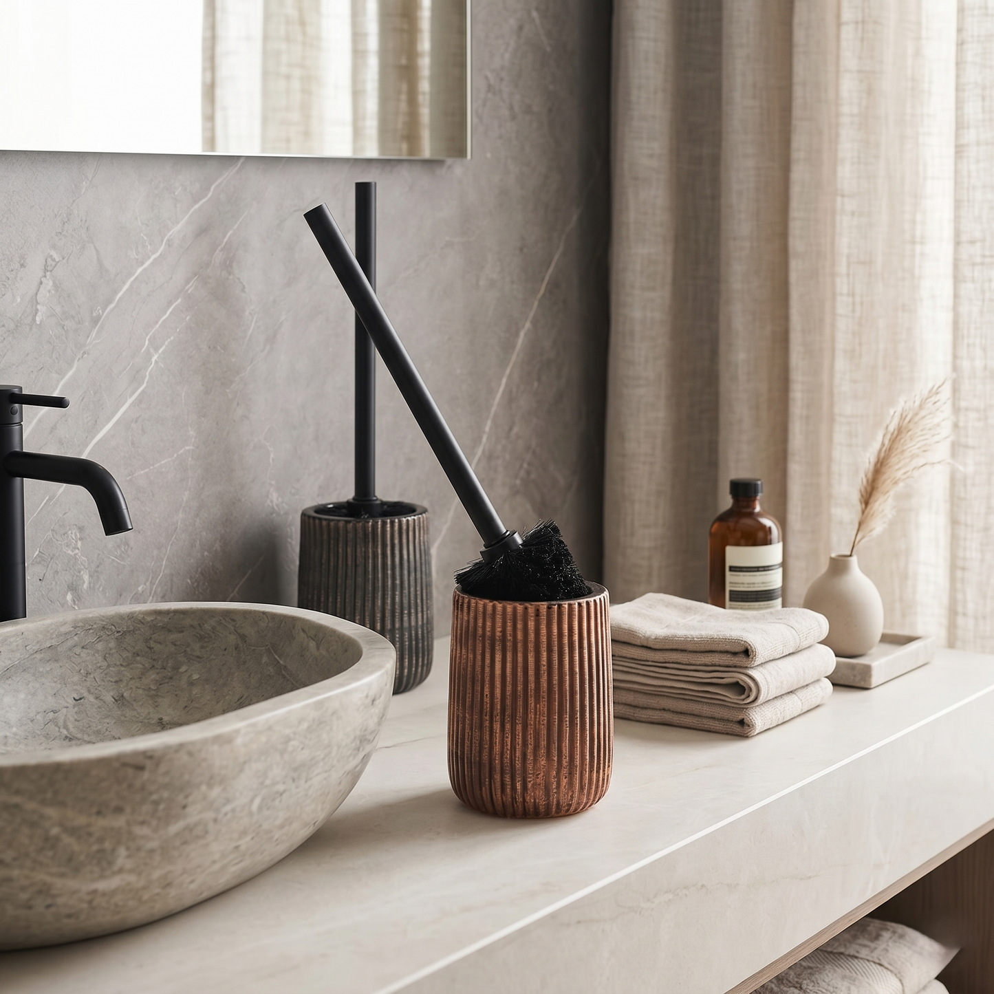 Ceramic Toilet Brush Holder Set With Modern Ribbed Design