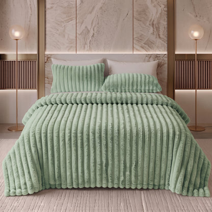 Wide-Ribbed Faux Rabbit Plush Blanket for Sofa & Bed