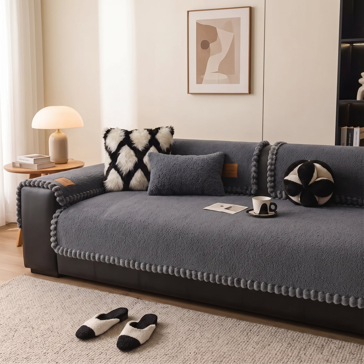 One-Piece Anti-Slip Sofa Cover with Textured Pom-Pom Trim