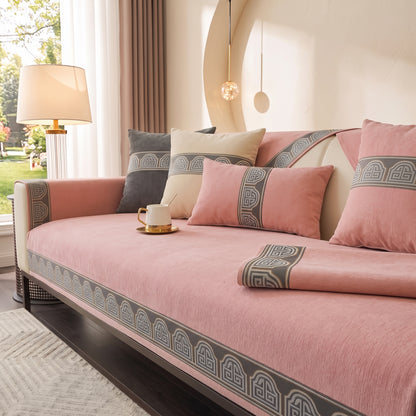 Chenille Sofa Cover with Anti-Slip Backing & Decorative Border