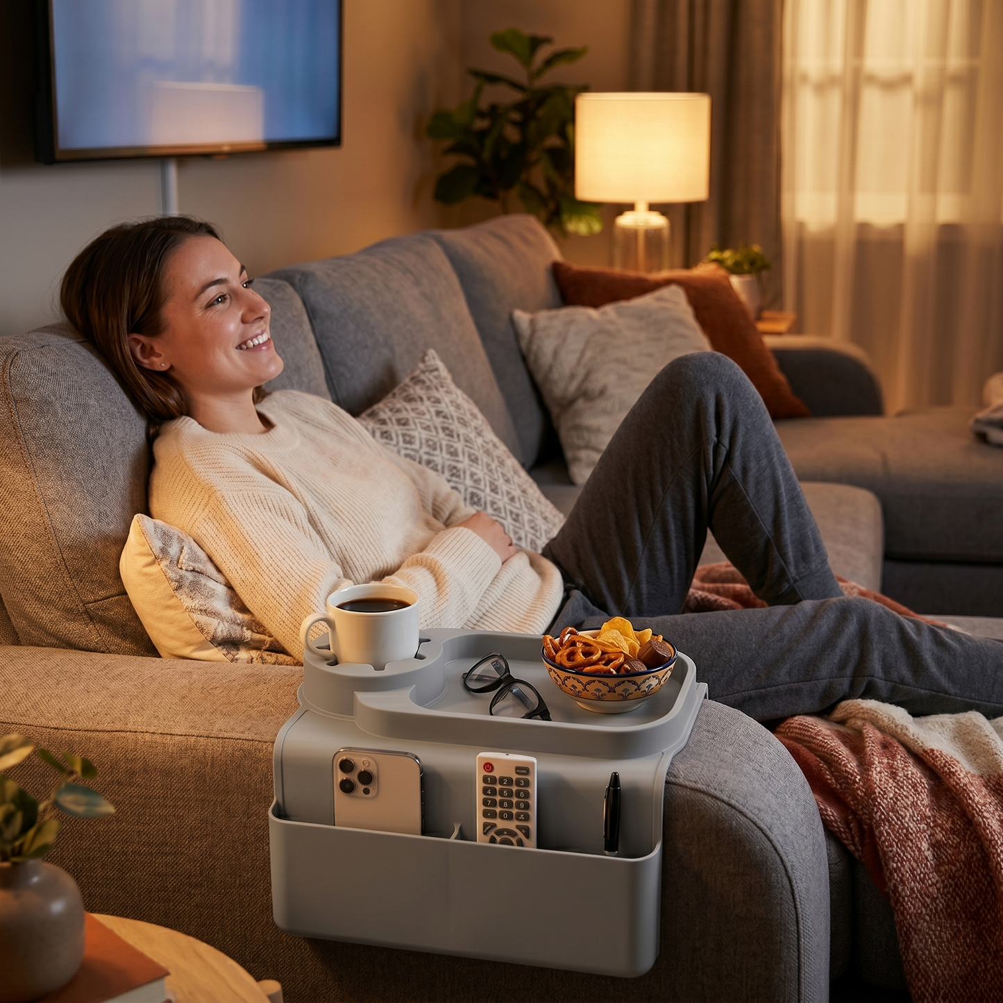 Premium Couch Arm Organizer Tray with Cup Holder & Storage Compartments