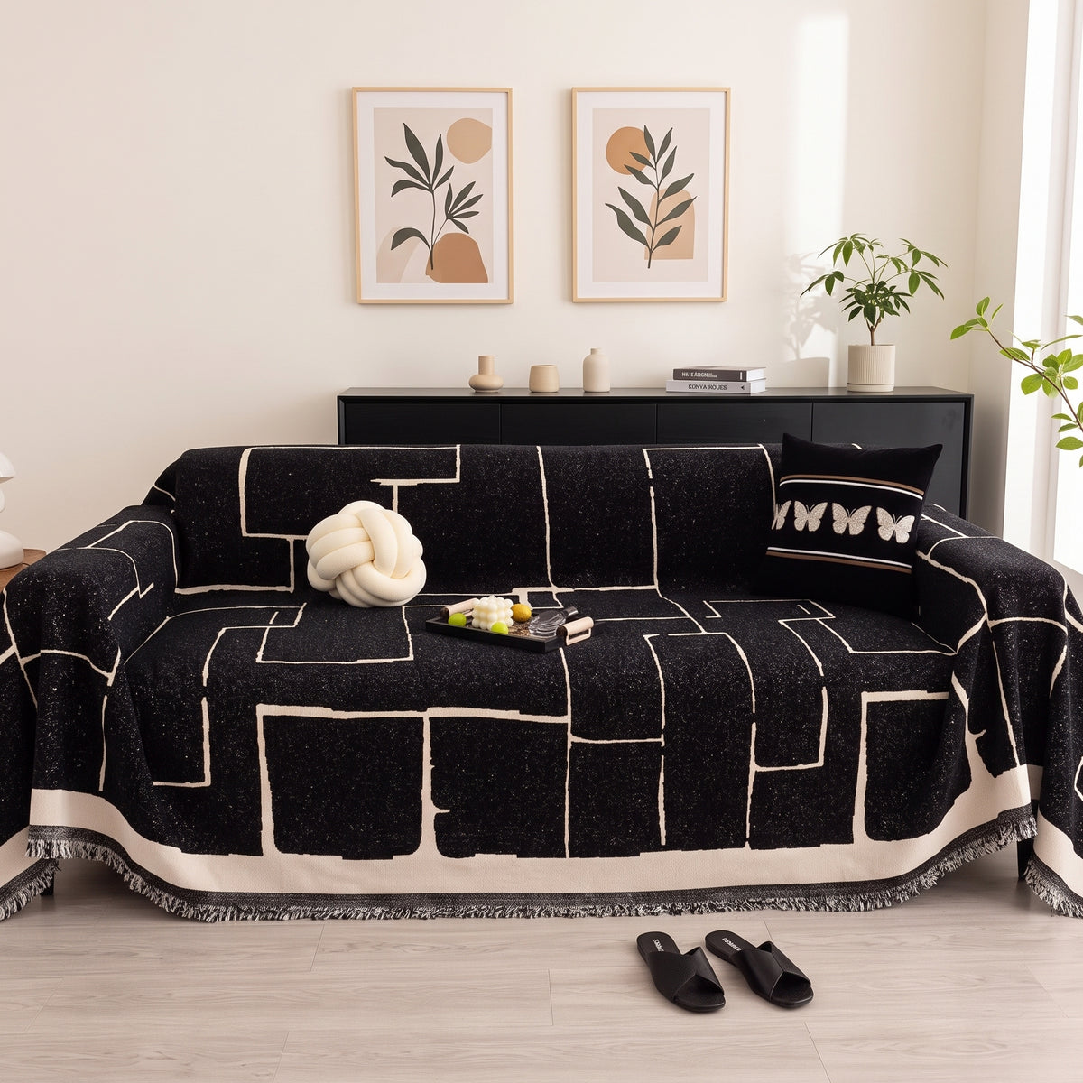 One-Piece Geometric Chenille Sofa Throw Cover with Fringed Edge