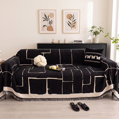 One-Piece Geometric Chenille Sofa Throw Cover with Fringed Edge