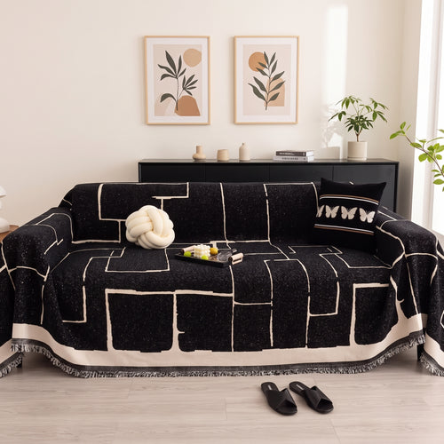 One-Piece Geometric Chenille Sofa Throw Cover with Fringed Edge