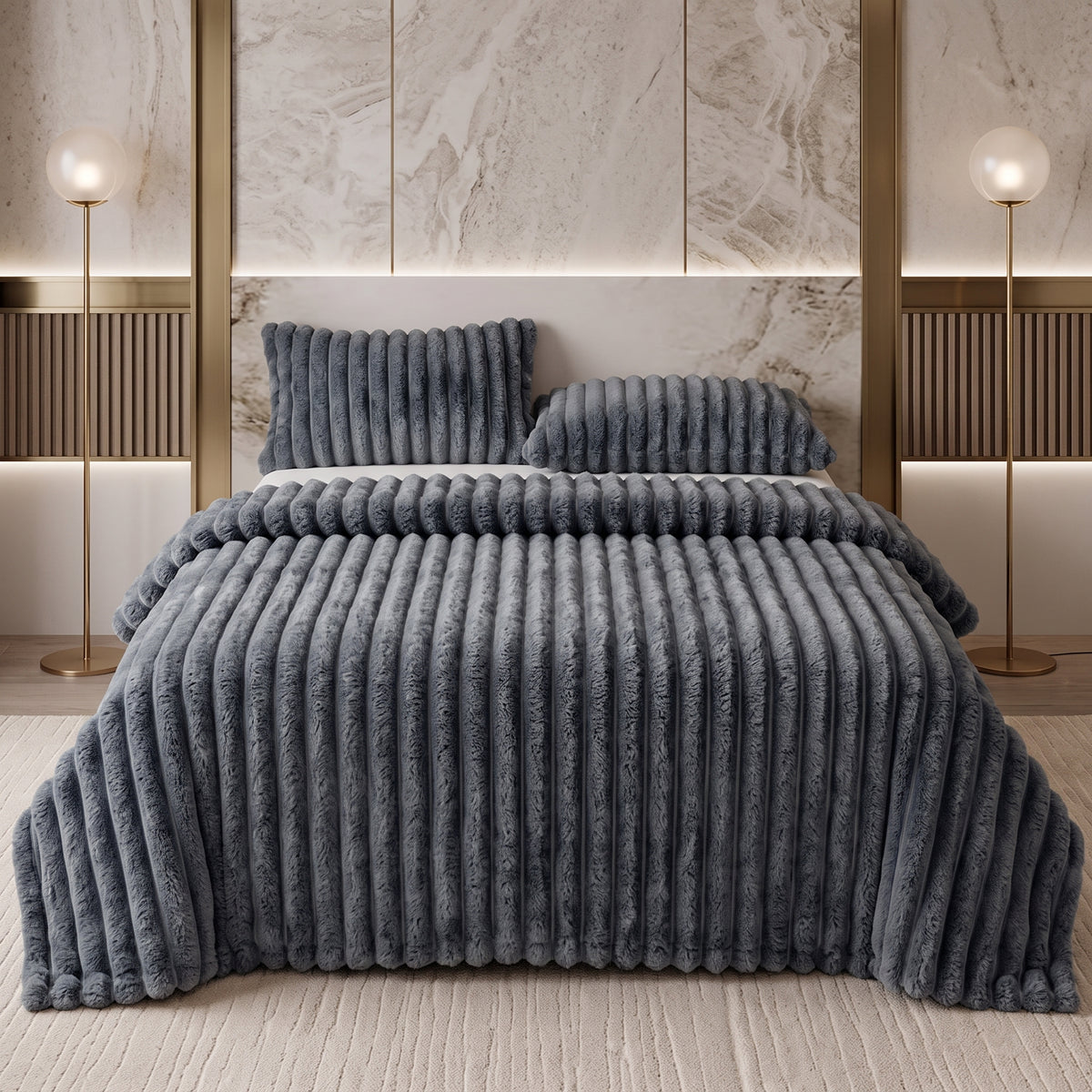 Wide-Ribbed Faux Rabbit Plush Blanket for Sofa & Bed