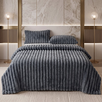 Wide-Ribbed Faux Rabbit Plush Blanket for Sofa & Bed