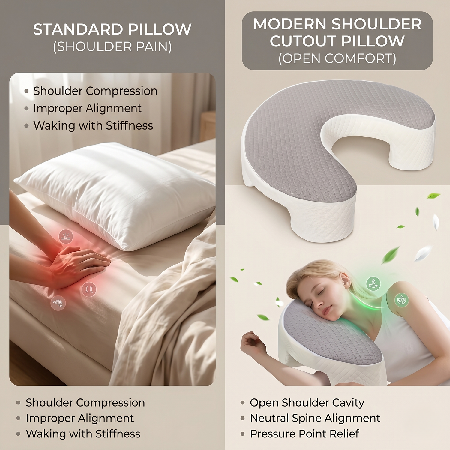 Most pillows support your head. This one makes room for your shoulder.