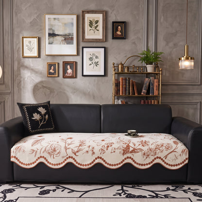 Chenille Anti-Slip Sofa Seat Cover with Scalloped Botanical Edge
