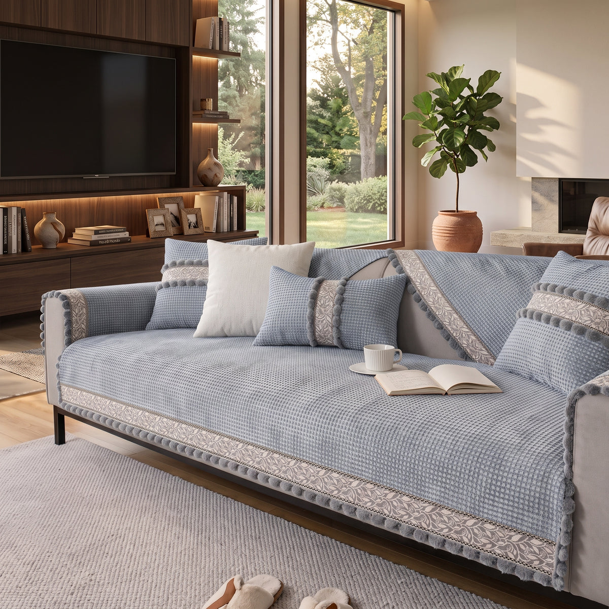 Textured Anti-Slip Sofa Protector Cover with Decorative Trim