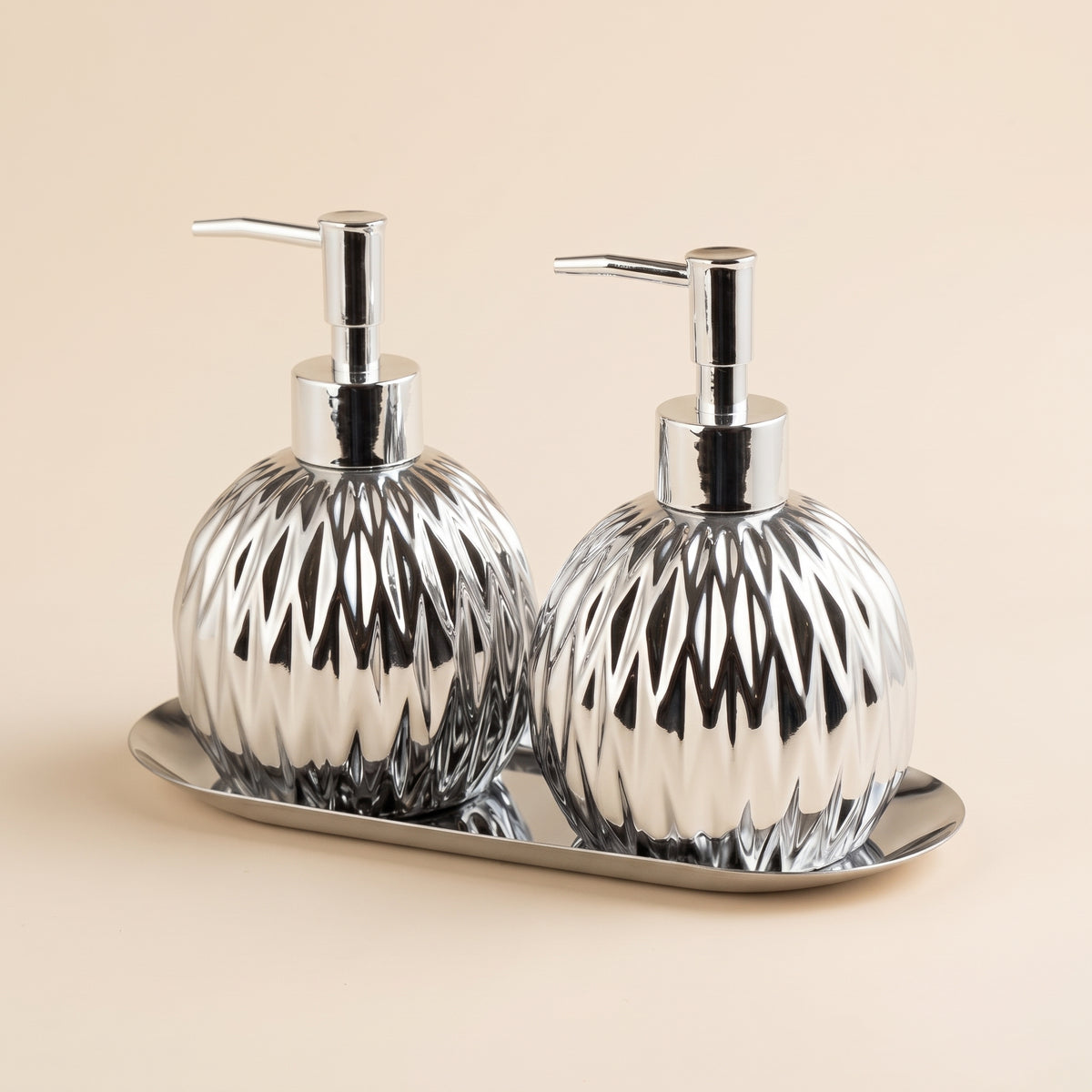 Faceted Ceramic Soap Dispenser Set with Matching Countertop Tray