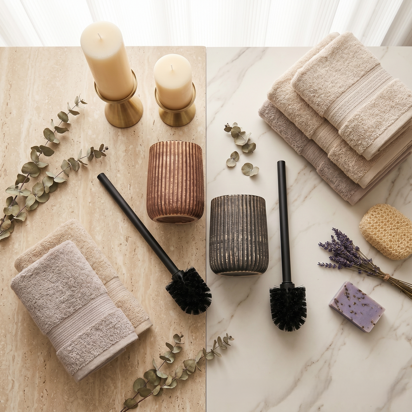 Ceramic Toilet Brush Holder Set With Modern Ribbed Design