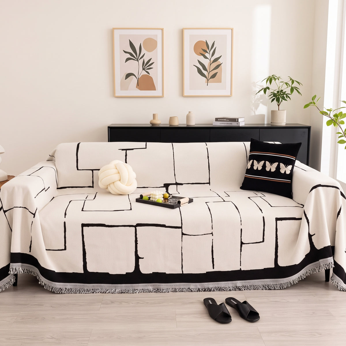One-Piece Geometric Chenille Sofa Throw Cover with Fringed Edge