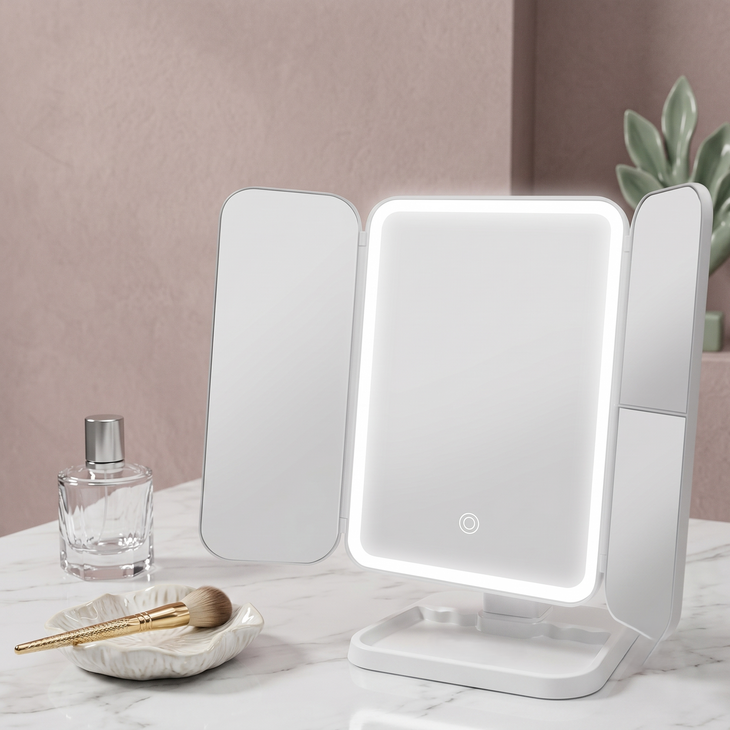 LED Tri-Fold Vanity Makeup Mirror with Adjustable Lighting & Magnification Panels