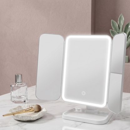LED Tri-Fold Vanity Makeup Mirror with Adjustable Lighting & Magnification Panels