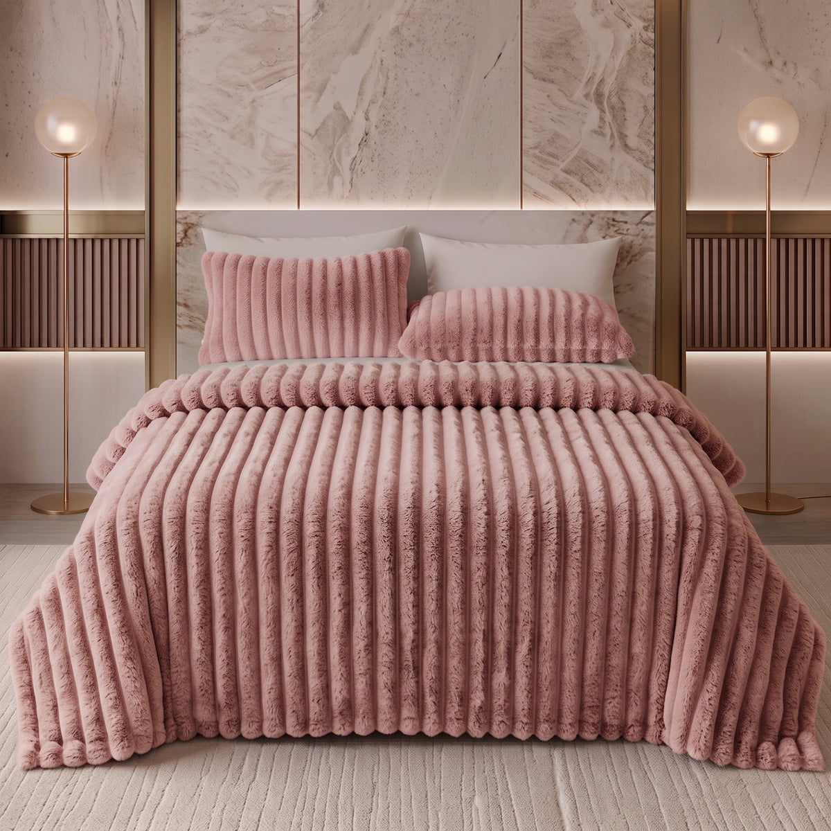 Wide-Ribbed Faux Rabbit Plush Blanket for Sofa & Bed