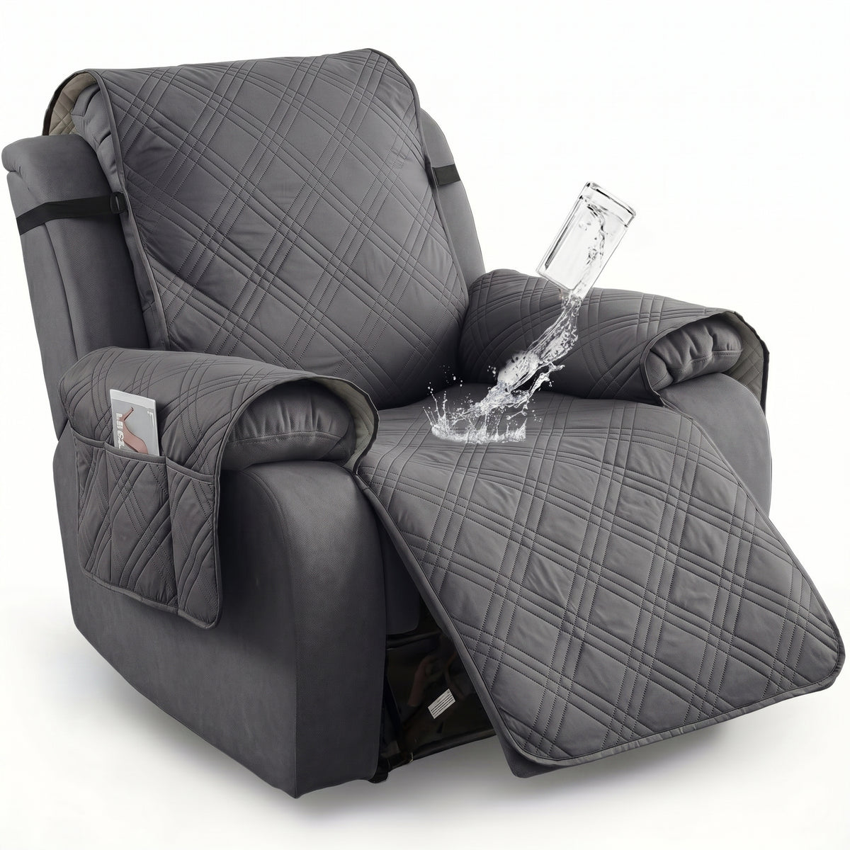 Waterproof Quilted Recliner Chair Cover With Non-Slip Backing & Storage Pockets