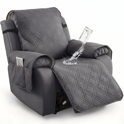 Waterproof Quilted Recliner Chair Cover With Non-Slip Backing & Storage Pockets
