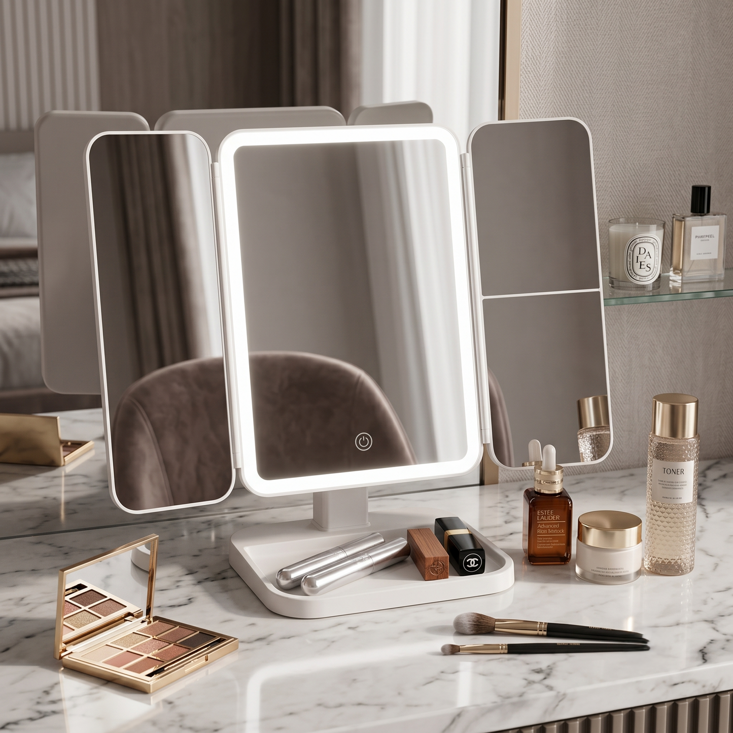 LED Tri-Fold Vanity Makeup Mirror with Adjustable Lighting & Magnification Panels