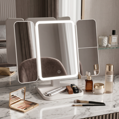 LED Tri-Fold Vanity Makeup Mirror with Adjustable Lighting & Magnification Panels