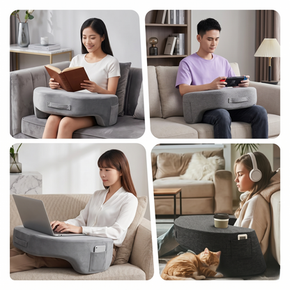 Ergonomic Lap Desk Pillow with Arm Support, Cup Holder & Side Pockets