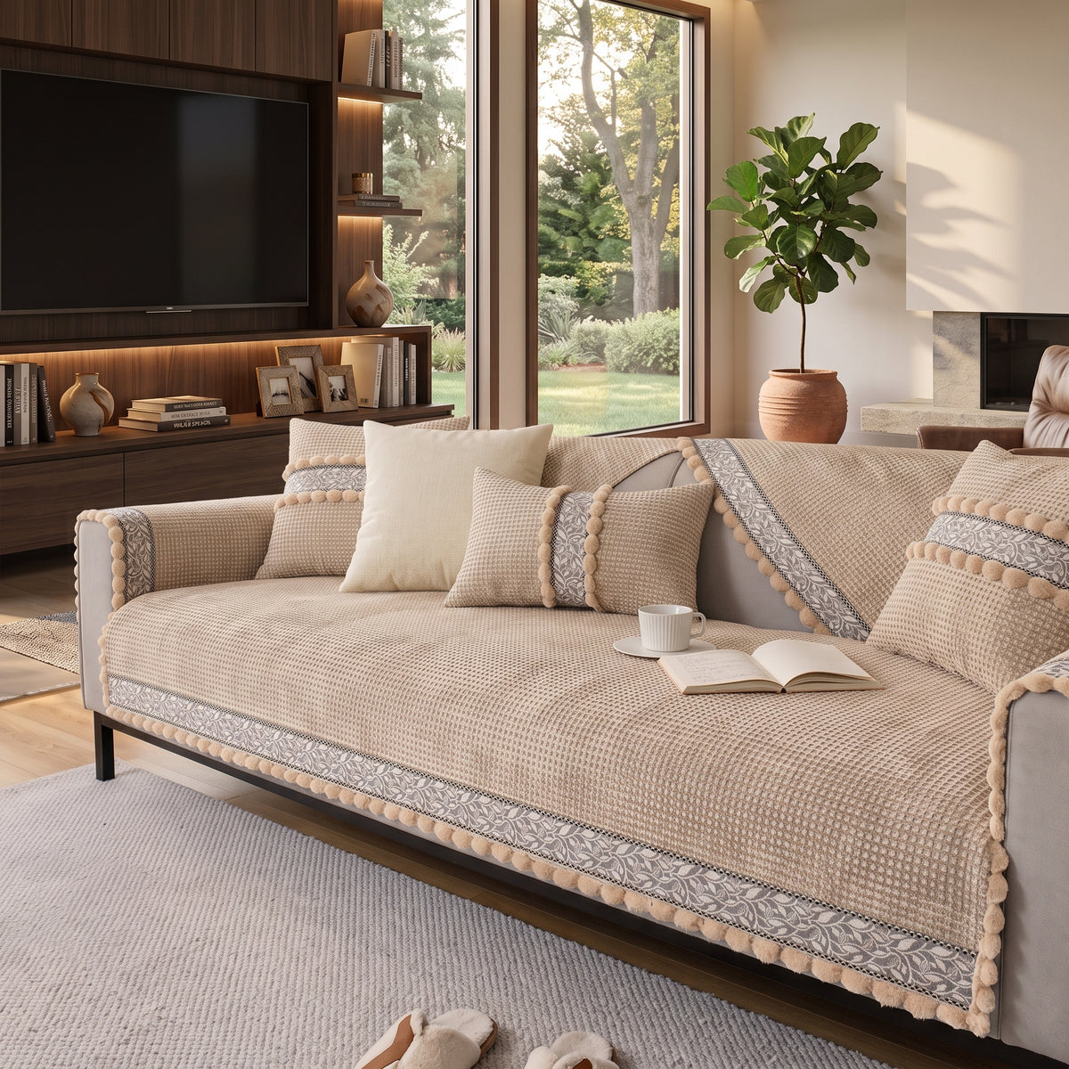 Textured Anti-Slip Sofa Protector Cover with Decorative Trim