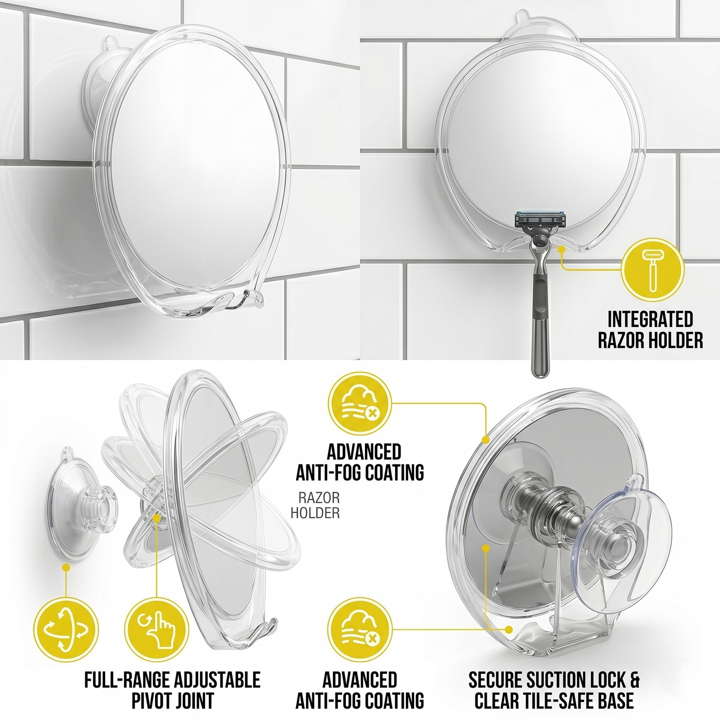 Fog-Free Shower Mirror with Razor Hook & Strong Suction Mount